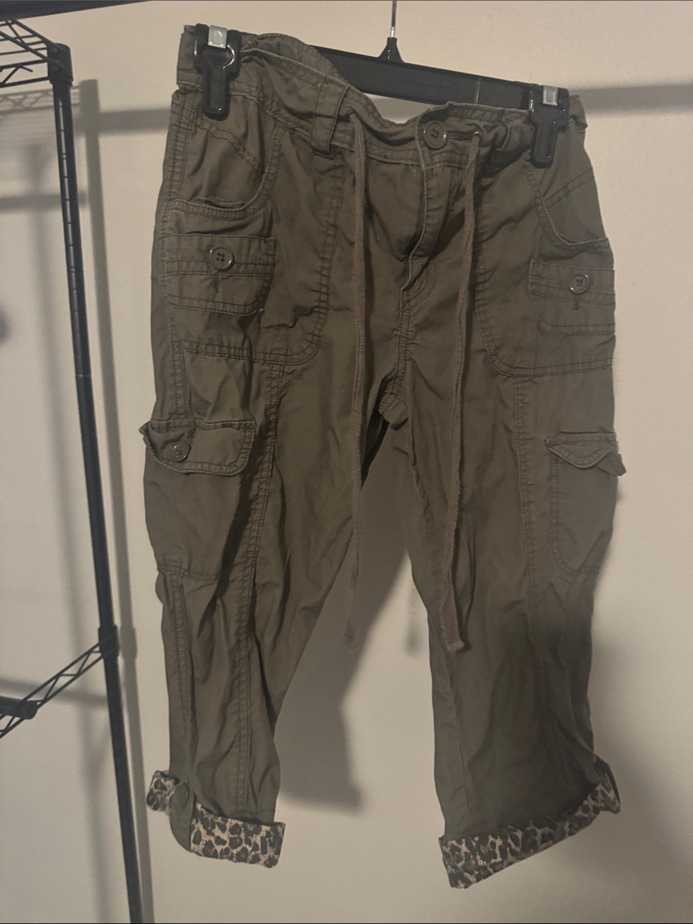 Faded Glory Olive Green Cargo Capris with Leopard-Print Cuffs
